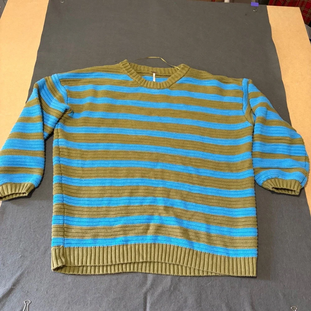 Free People Striped Knit Sweater Womens Size Medium Blue Olive Green